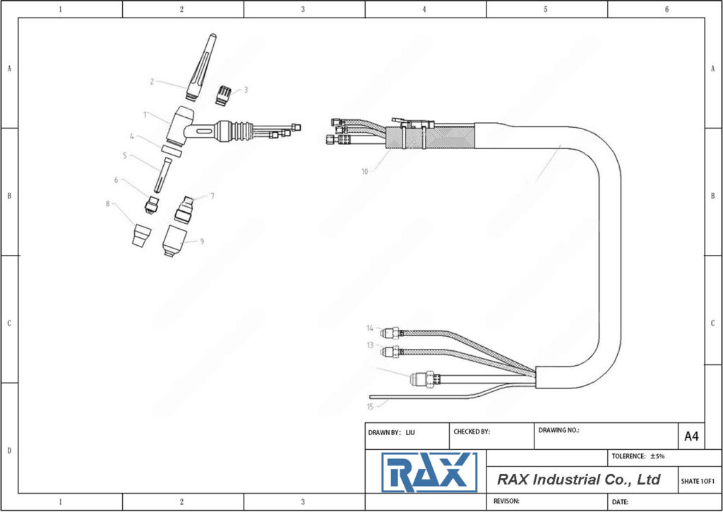 Water-cooled TIG Torch Drawing